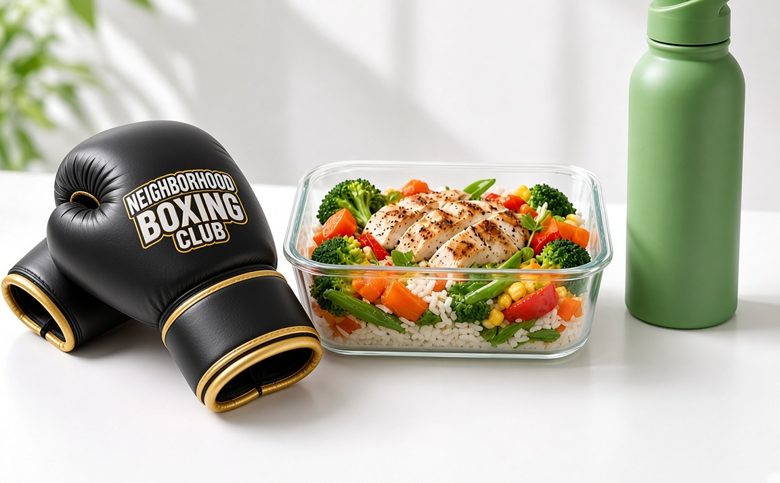Boxing gloves and a healthy meal prep box