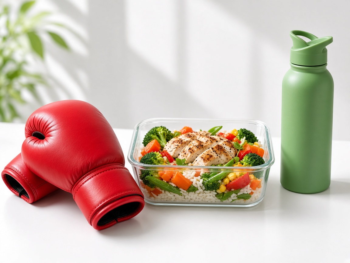 Boxing gloves next to a meal